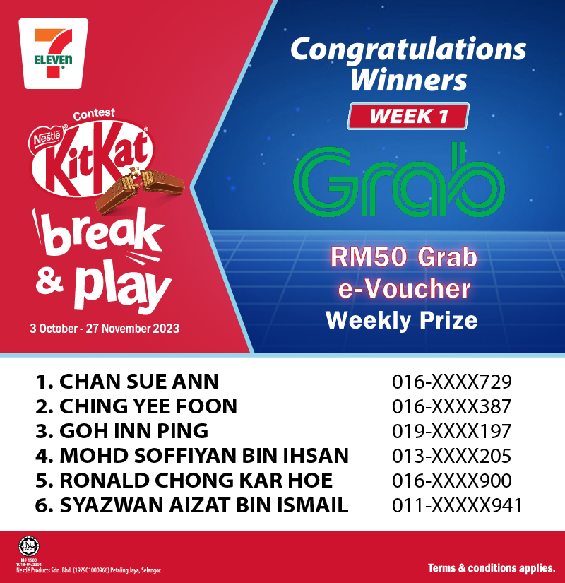 KitKat Break & Play_Winners Announcement_7Eleven_week 1_Grab voucher