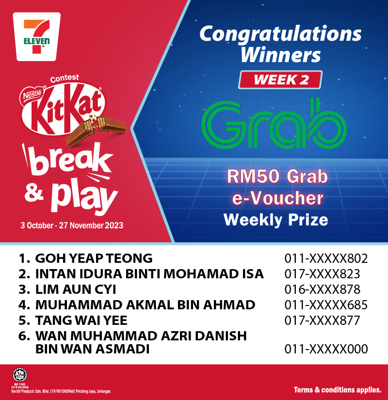 KitKat Break & Play_Winners Announcement_7Eleven_week 2_Grab voucher