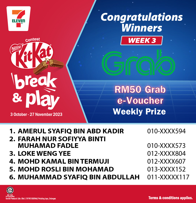 KitKat Break & Play_Winners Announcement_7Eleven_week 3_Grab voucher