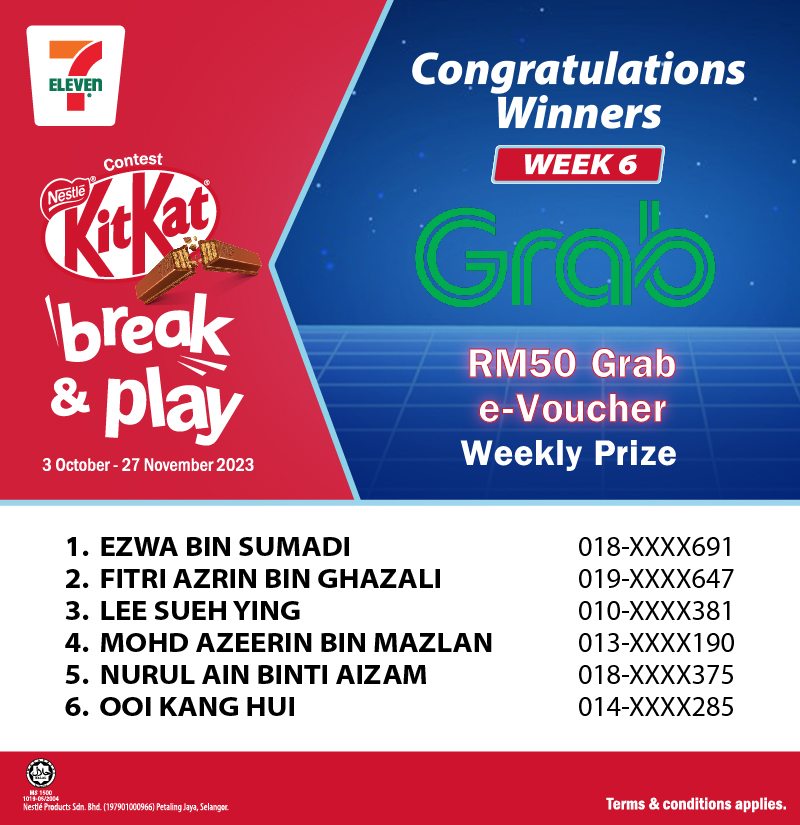 KitKat Break & Play_Winners Announcement_7Eleven_week 6_Grab voucher