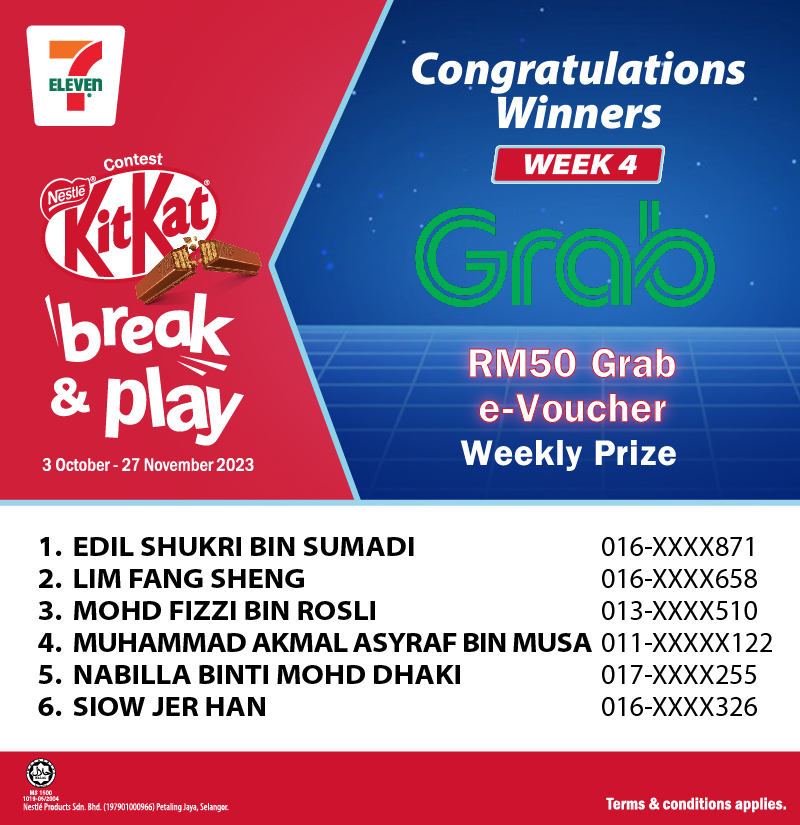 KitKat Break & Play_Winners Announcement_7Eleven_week 4_Grab voucher