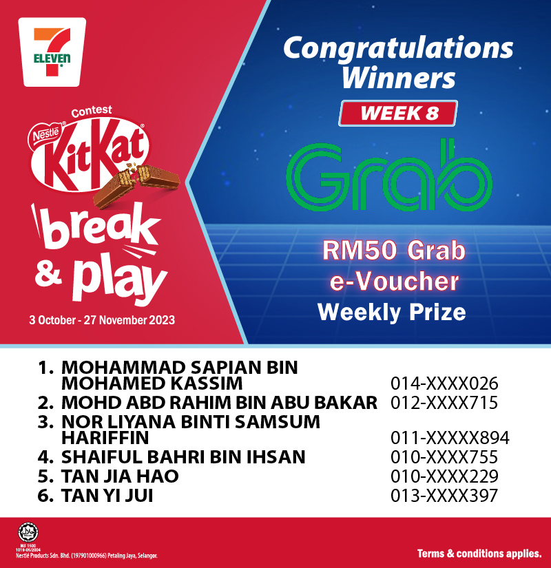 KitKat Break & Play_Winners Announcement_7Eleven_week 8_Grab voucher